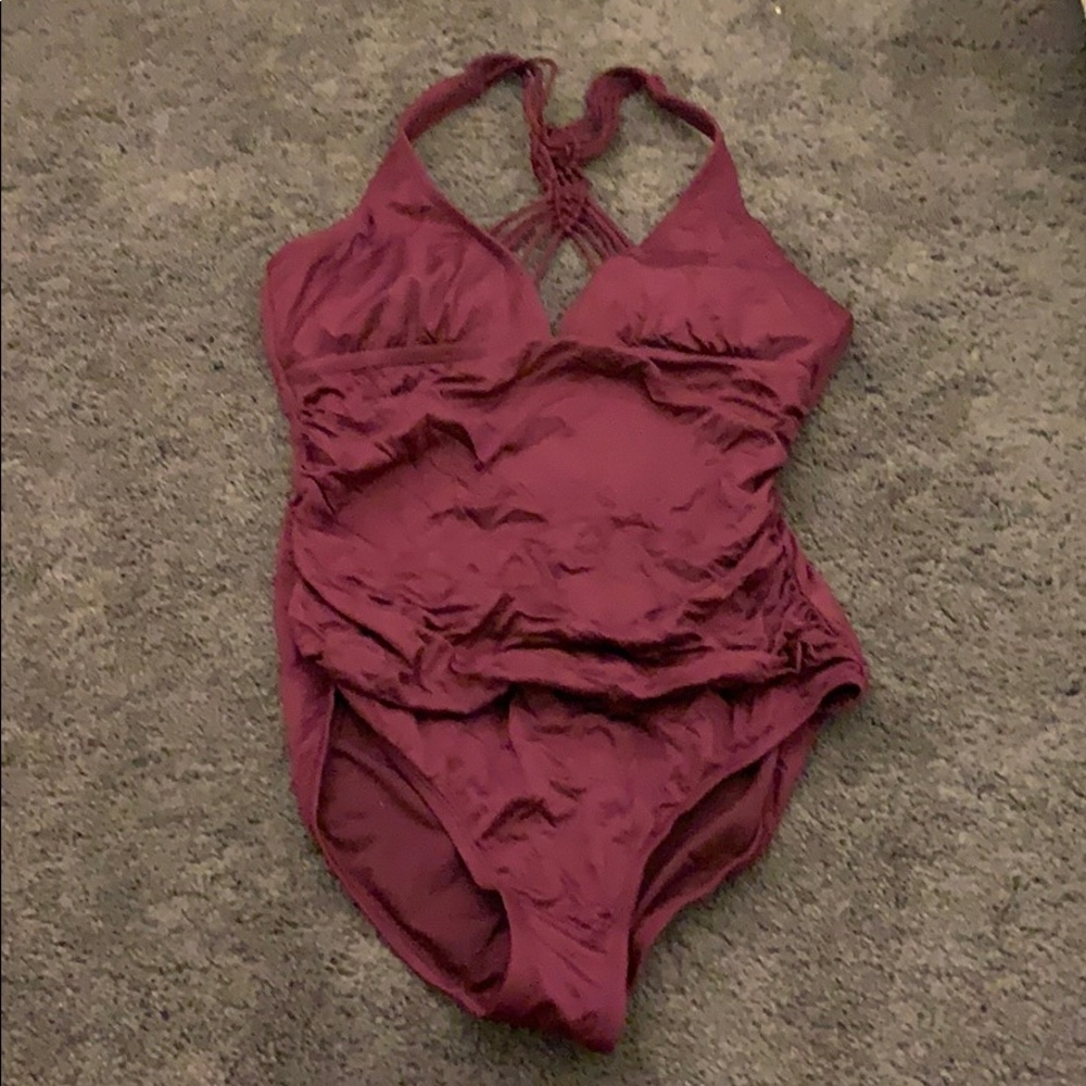 maroon rutched one piece swimsuit